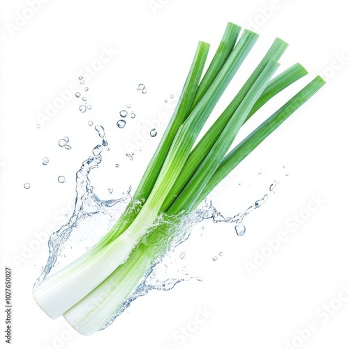 Water splash with fresh leek, isolated on a clean white backdrop photo