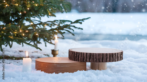 Wallpaper Mural Winter Wonderland Product Display with Brown and White Rustic Elements for Holiday Branding. 
 Torontodigital.ca