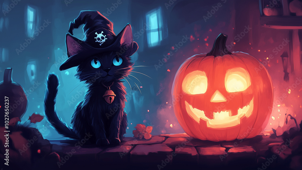 A playful pirate cat beside a smiling Jack-o-Lantern A playful pirate cat beside a smiling Jack-o-Lantern