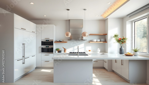 Luxury home kitchen interior with bar counter, cooking cabinet near window isolated with white highlights, png