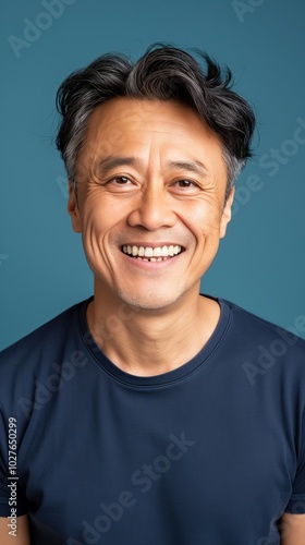 A cheerful Asian man smiles brightly, showcasing his friendly demeanor with a simple backdrop