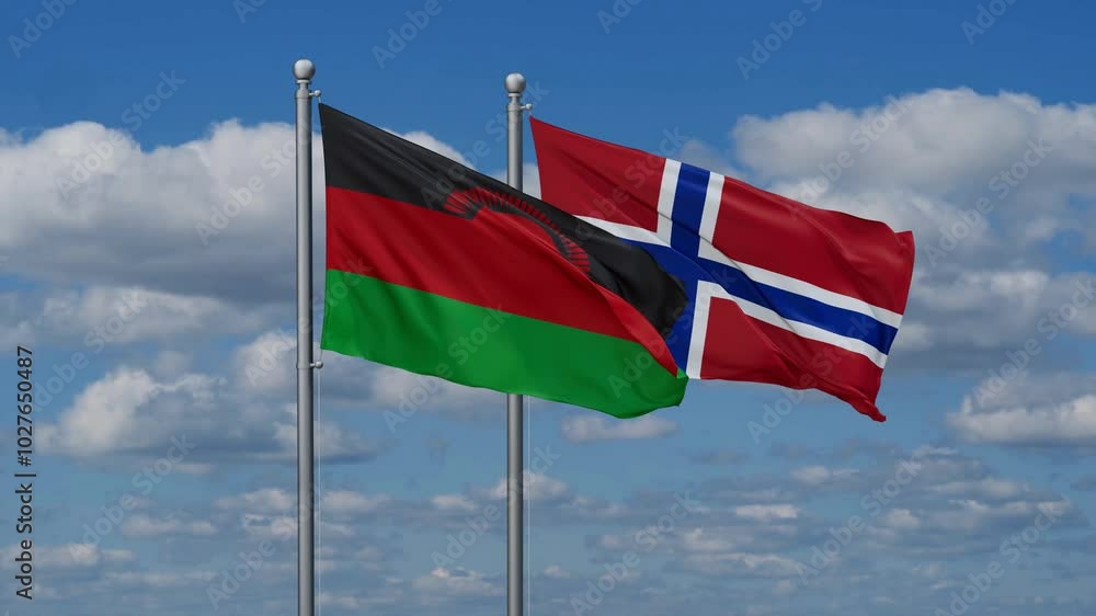 Norway and Malawi flags flying together, video concept of the relationship, two country relations concept Norway and Malawi flags flying together, video concept of the relationship, two country relations concept