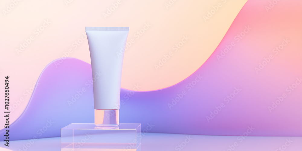 White cosmetic tube standing on glass podium on colorful background White cosmetic tube standing on glass podium on colorful background