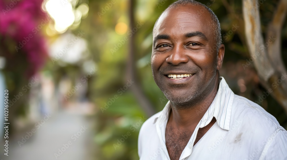 A joyful professional Black man stands in a beautiful outdoor setting, smiling warmly A joyful professional Black man stands in a beautiful outdoor setting, smiling warmly
