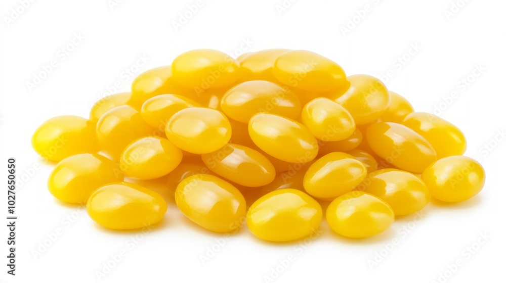 A pile of yellow jelly beans on a white background. A pile of yellow jelly beans on a white background.