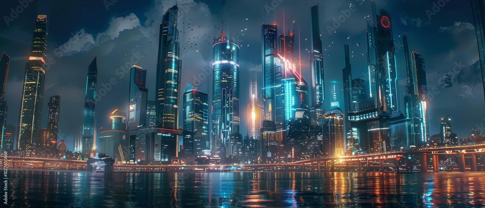 Obraz premium Futuristic Cityscape at Night with Neon Lights