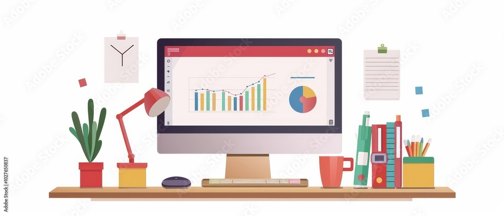 Modern Workspace with Computer and Charts Modern Workspace with Computer and Charts