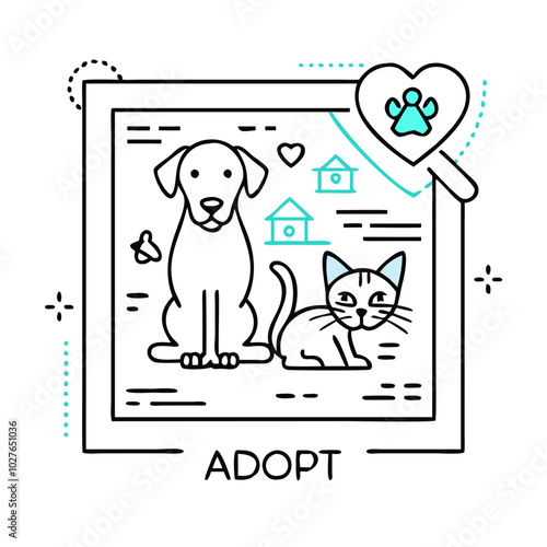 Icon, outline drawing of a dog and a cat against the background of a house inside a frame, the icon encourages people to treat animals with care and adopt them