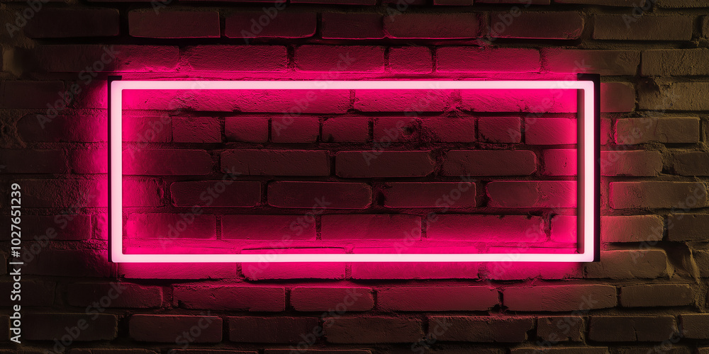 Pink neon light frame glowing on brick wall background Pink neon light frame glowing on brick wall background