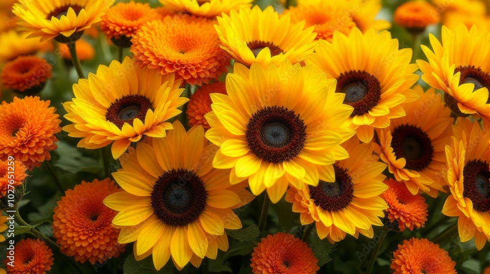 Dense Flower Floral Arrangement Including Sunflowers and Marigolds Dense Flower Floral Arrangement Including Sunflowers and Marigolds