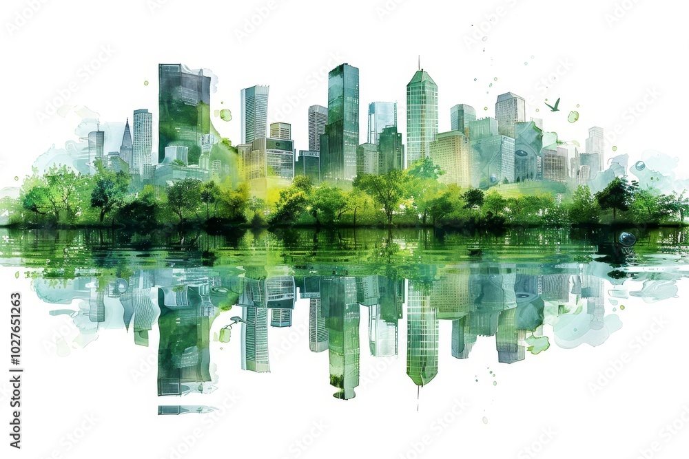 Urban Greenery Reflected in Cityscape Watercolors Urban Greenery Reflected in Cityscape Watercolors
