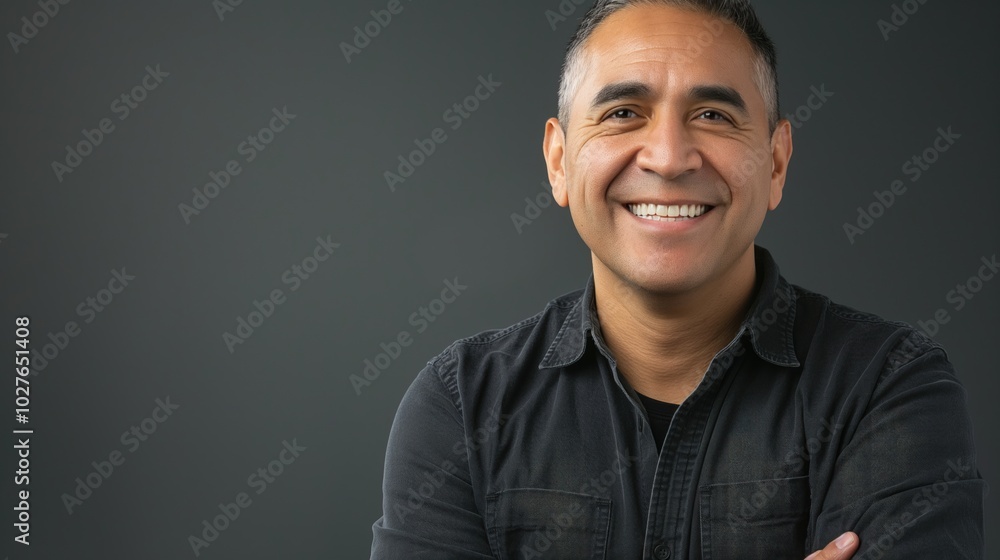 Obraz premium A smiling Hispanic man stands confidently with arms crossed against a plain backdrop