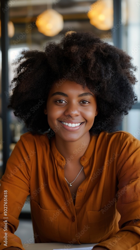 Fototapeta premium A friendly professional Black woman smiles warmly in a modern office environment