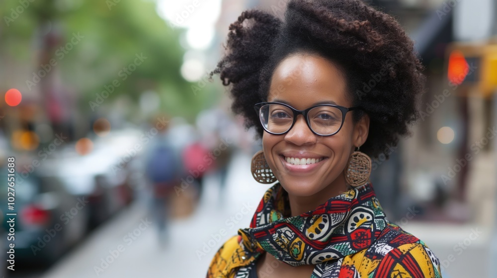 A cheerful Black woman with glasses and a vibrant scarf smiles warmly while walking downtown A cheerful Black woman with glasses and a vibrant scarf smiles warmly while walking downtown