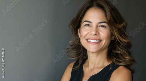 A cheerful Hispanic woman with wavy hair poses confidently, exuding warmth and friendliness