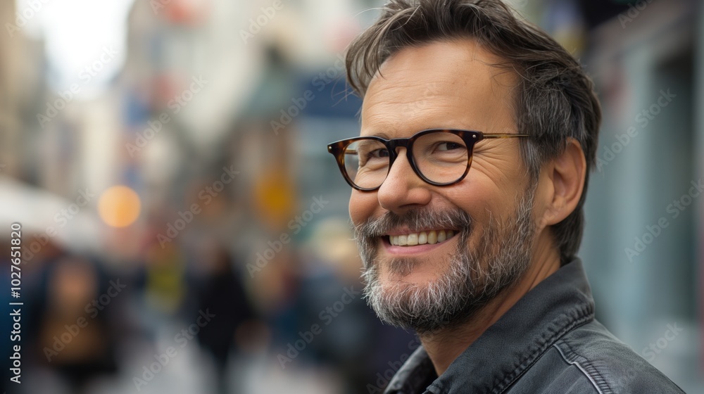 A smiling man wearing glasses stands confidently on a bustling city street, radiating positivity A smiling man wearing glasses stands confidently on a bustling city street, radiating positivity