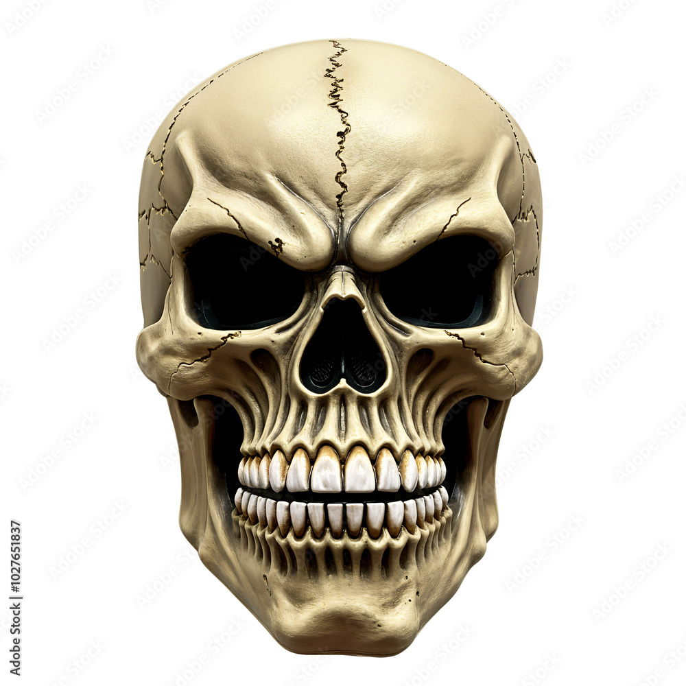Fototapeta premium Plastic Halloween party scary skeleton skull face mask, isolated on a white background