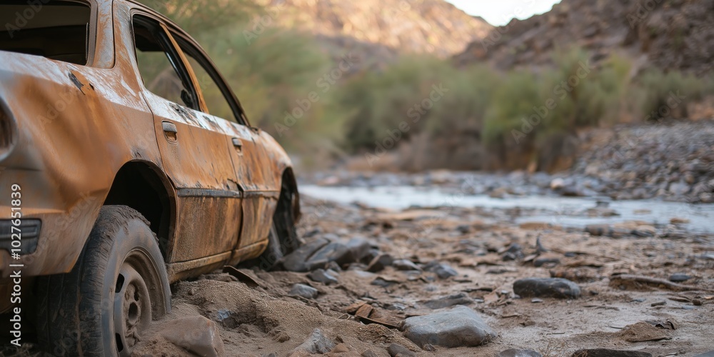 Fototapeta premium An image of a rusted, abandoned car sinking in sand amidst a desert landscape, highlighting decay and abandonment in a barren, sunlit environment.