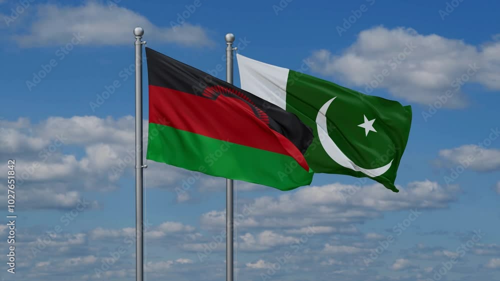 Pakistan and Malawi flags flying together, video concept of the relationship, two country relations concept Pakistan and Malawi flags flying together, video concept of the relationship, two country relations concept