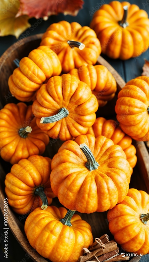 Autumn composition of small bright pumpkins in a large wooden bowl standing on a dark wooden table with autumn leaves on it Autumn composition of small bright pumpkins in a large wooden bowl standing on a dark wooden table with autumn leaves on it