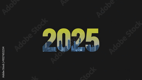 Yellow 2025 with city skyline inside - Modern New Year Design - Hope and Progress. 