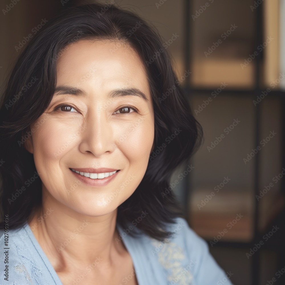 A cheerful Korean woman around 55 enjoys natural lighting in a relaxed setting A cheerful Korean woman around 55 enjoys natural lighting in a relaxed setting