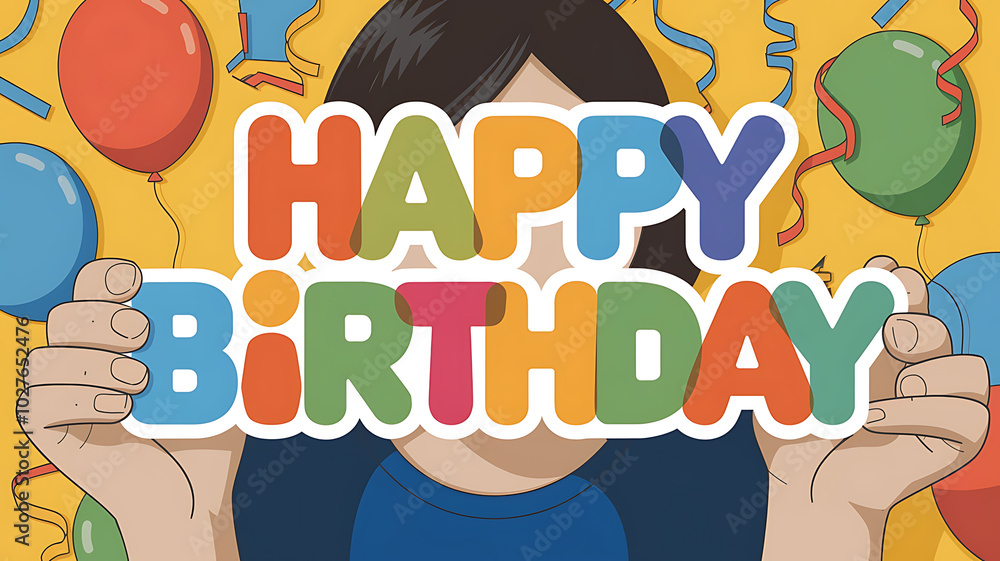 Fototapeta premium Colorful Happy Birthday sign held by a child, celebrating a birthday with balloons and streamers. 