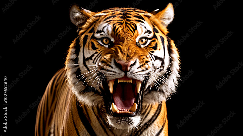 Majestic tiger roars with power and intensity. Roaring tiger isolated of black background. Majestic tiger roars with power and intensity. Roaring tiger isolated of black background.