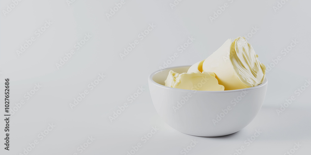 White bowl overflowing with creamy butter on white background White bowl overflowing with creamy butter on white background