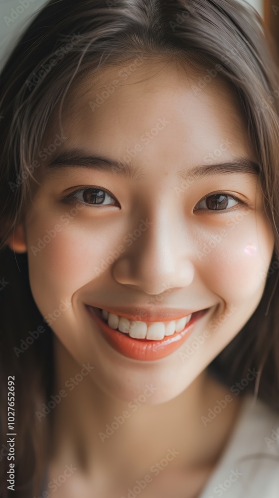 A smiling Asian woman enjoys a moment captured in natural lighting while posing for a headshot A smiling Asian woman enjoys a moment captured in natural lighting while posing for a headshot