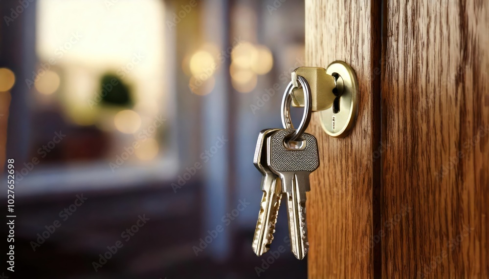 Selective focus-Keys stuck in a lock with door. Selective focus-Keys stuck in a lock with door.