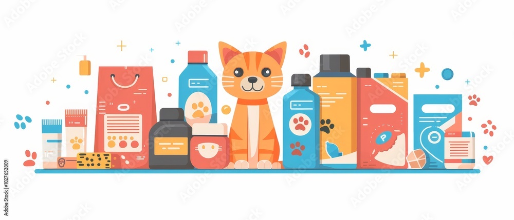 Cute Cat Surrounded by Pet Care Products Cute Cat Surrounded by Pet Care Products