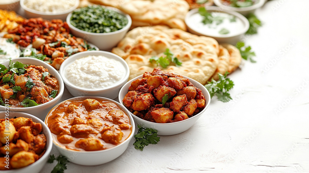 Indian cuisine featuring fragrant curries and warm naan. This colorful dish symbolizes warmth, hospitality, and the rich cultural heritage of India, inviting culinary exploration Indian cuisine featuring fragrant curries and warm naan. This colorful dish symbolizes warmth, hospitality, and the rich cultural heritage of India, inviting culinary exploration