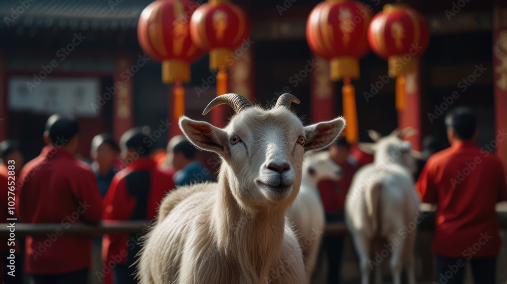 A white goat stands in the foreground of the image, looking directly at the camera. Behind the goat are several people in red clothing and some other white A white goat stands in the foreground of the image, looking directly at the camera. Behind the goat are several people in red clothing and some other white