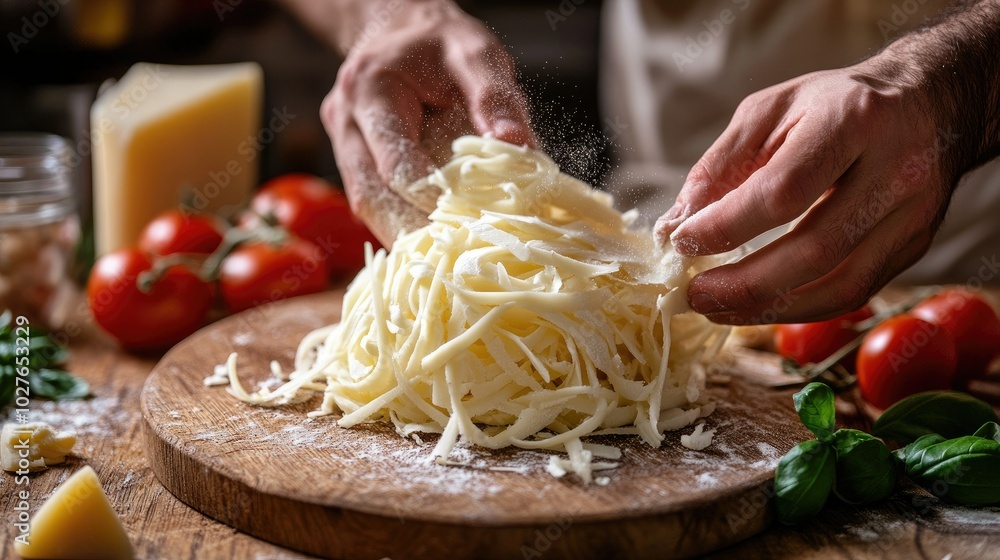 Delicate Hands Shaving Cheese Over Fresh Pasta Delicate Hands Shaving Cheese Over Fresh Pasta