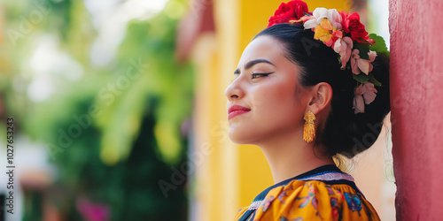 Mexican woman wearing traditional dress posing outdoors in a colorful town photo