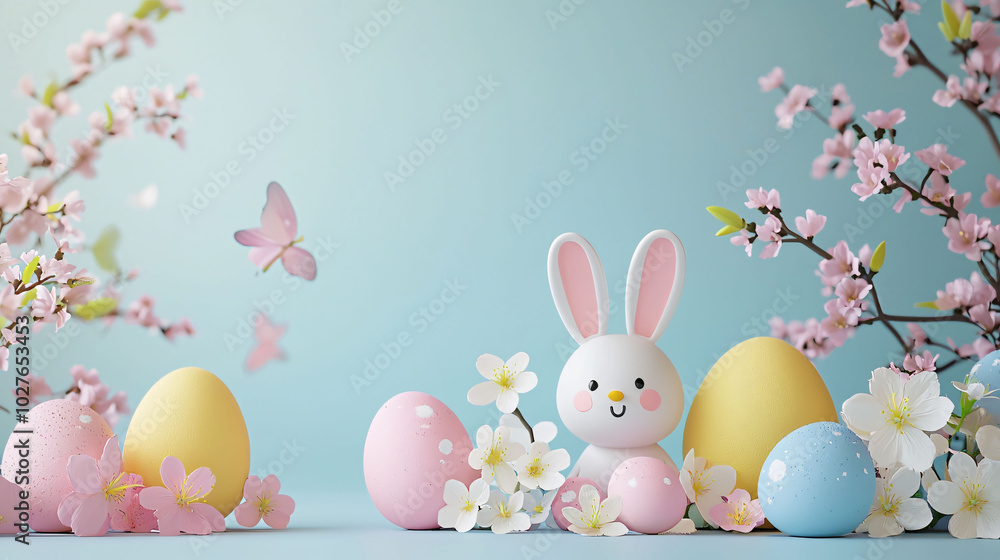 Obraz premium whimsical Easter scene featuring cute bunny surrounded by colorful eggs and delicate flowers. pastel colors and soft background create cheerful and festive atmosphere