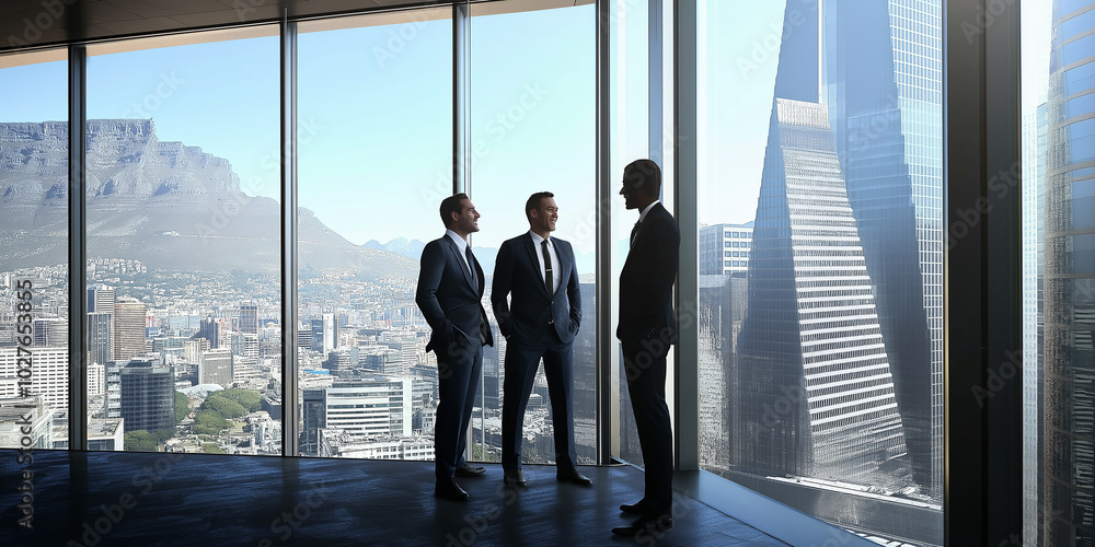 Fototapeta premium Businessmen discussing in modern office with cityscape view and table mountain
