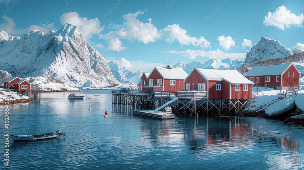 Fototapeta premium Snowy mountain fjord with red cabins and calm water