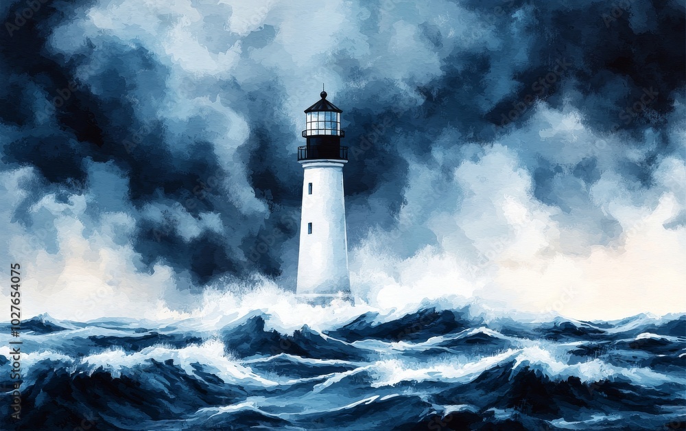 A lighthouse standing strong amidst turbulent ocean waves and stormy skies. A lighthouse standing strong amidst turbulent ocean waves and stormy skies.