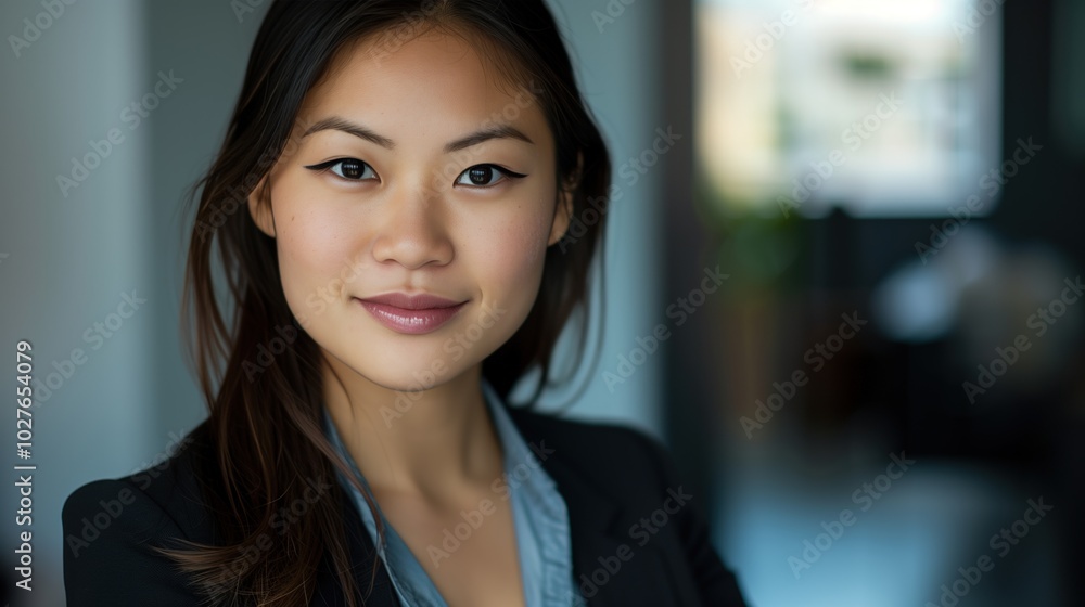 A young Asian woman poses confidently in natural light, showcasing her professional demeanor A young Asian woman poses confidently in natural light, showcasing her professional demeanor