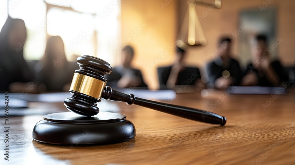 Focused Gavel on Table in Legal Setting Focused Gavel on Table in Legal Setting