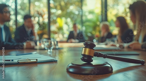 Gavel on Table with Judges in Focus at a Meeting