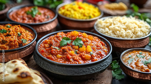 Indian cuisine featuring fragrant curries and warm naan. This colorful dish symbolizes warmth, hospitality, and the rich cultural heritage of India, inviting culinary exploration