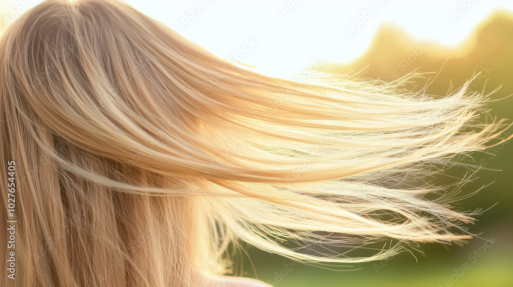 Naklejka premium A back view of a young woman’s hair blowing in the breeze, highlighting the organic essence of beauty and hair care. photo