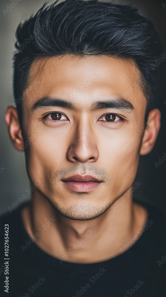 Obraz premium A confident Asian man poses for a headshot in natural light, highlighting his features