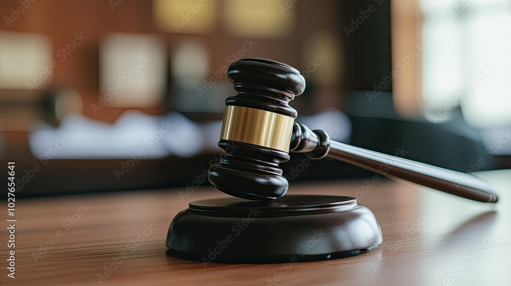 Gavel on Courtroom Desk Ready for Judgment