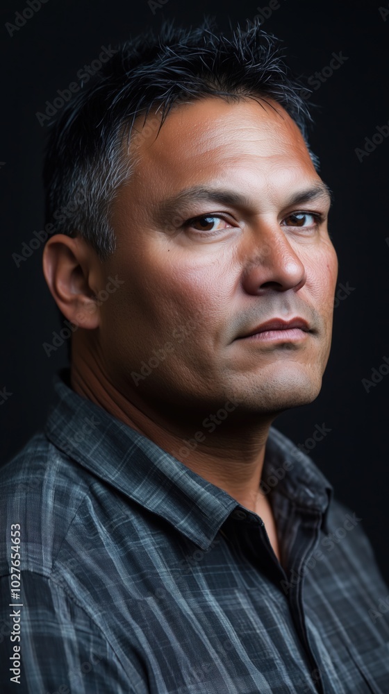 A reflective Native American man gazes thoughtfully in controlled natural light A reflective Native American man gazes thoughtfully in controlled natural light