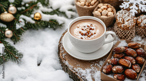 Warm hot cocoa topped with chocolate sprinkles sits on wooden slice, surrounded by roasted chestnuts and festive snacks, all set against snowy winter backdrop