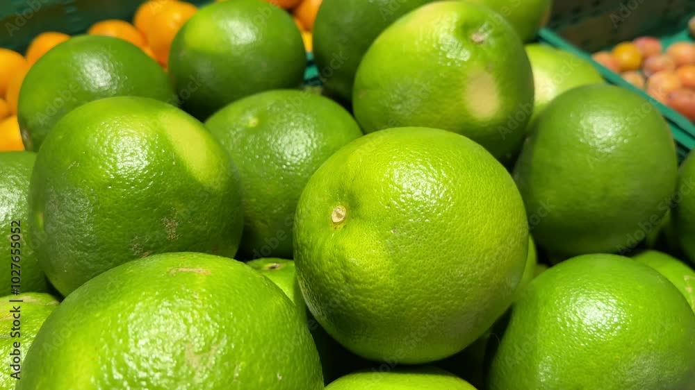 A vibrant display of green Sweetie or Oroblanco fruits at a market A vibrant display of green Sweetie or Oroblanco fruits at a market